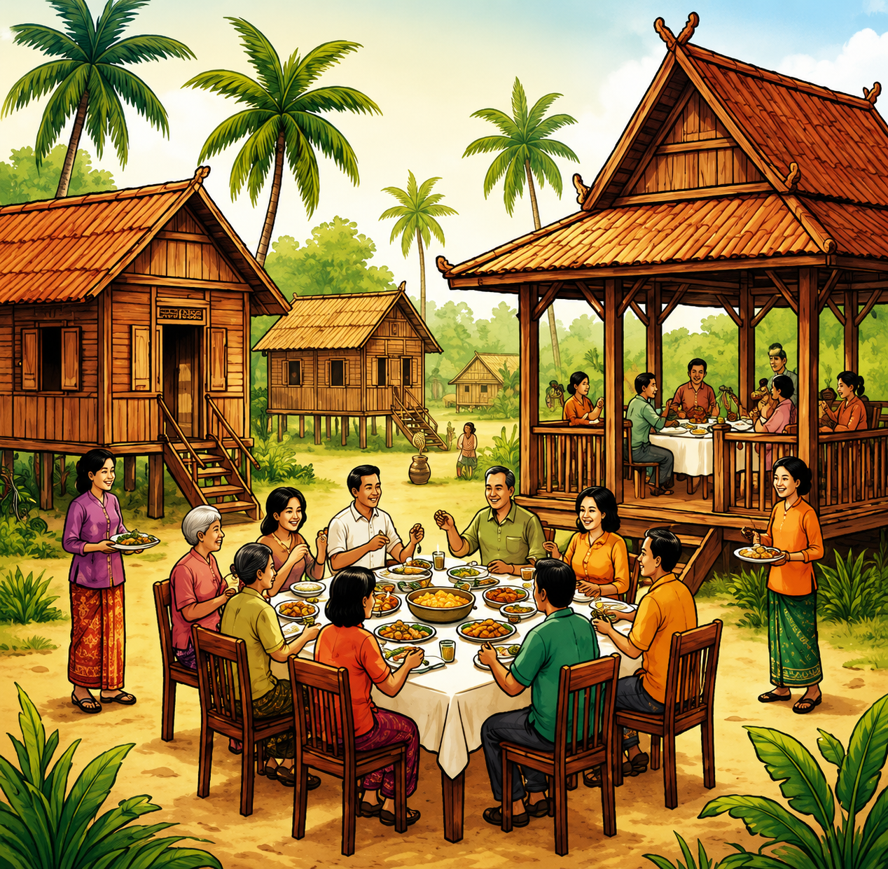 Community gathered for a meal in a kampong setting